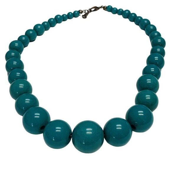 Vintage Teal Green Faux Pearl Graduated Acrylic Large Beaded Necklace 17” - Picture 2 of 7